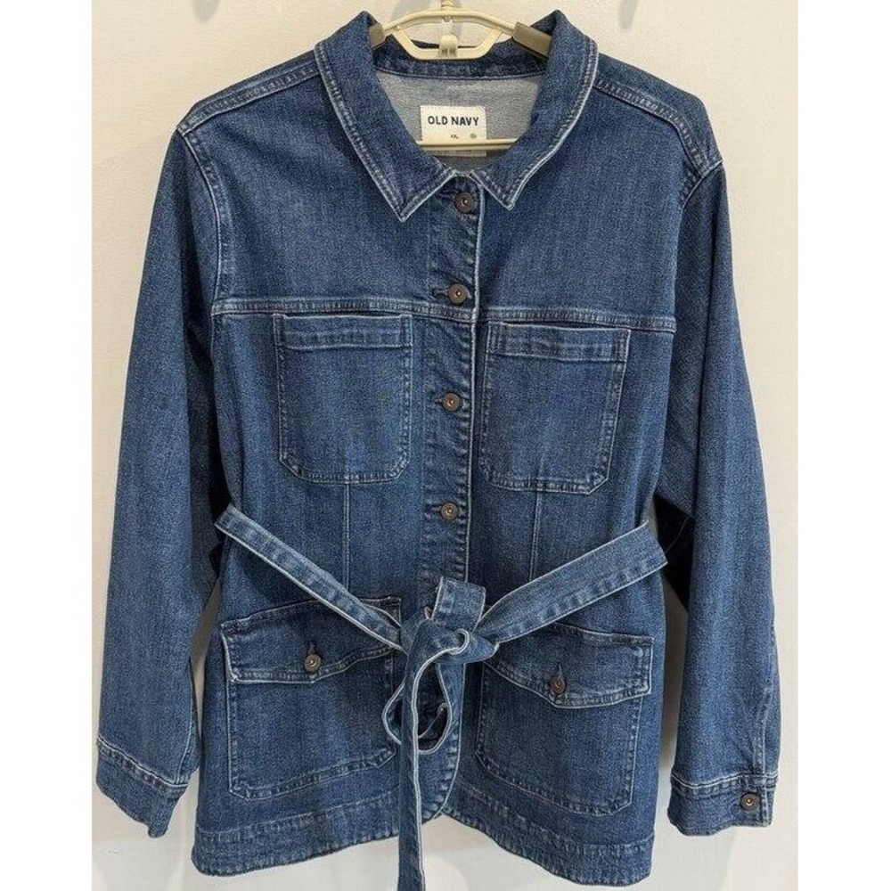 Old Navy Womens Denim Utility Chore Jacket Button‎ Front Belt Size XXL Cotton